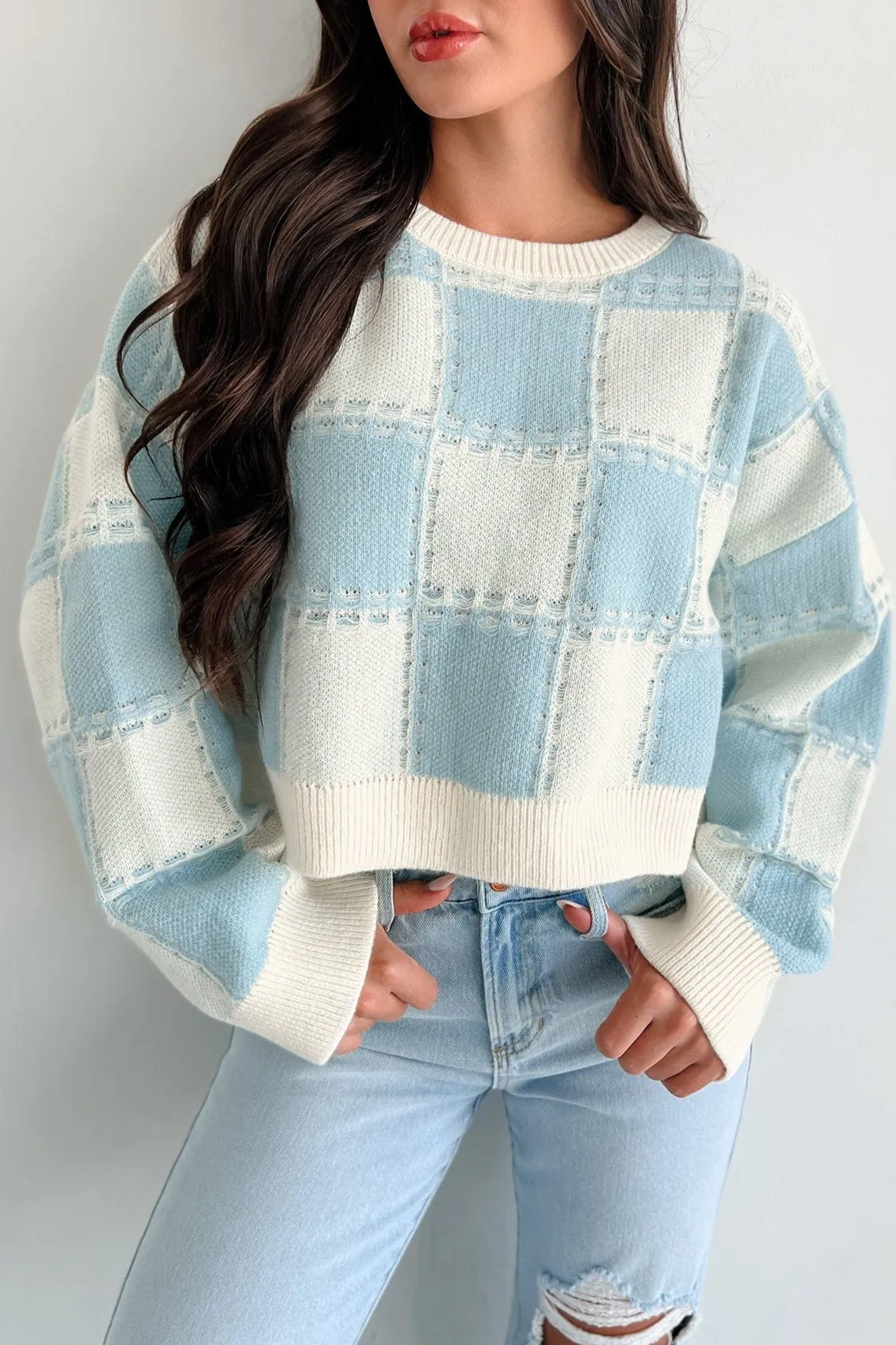 Fall Into Happiness Checkered Sweater Top (Dusty Blue/Cream)