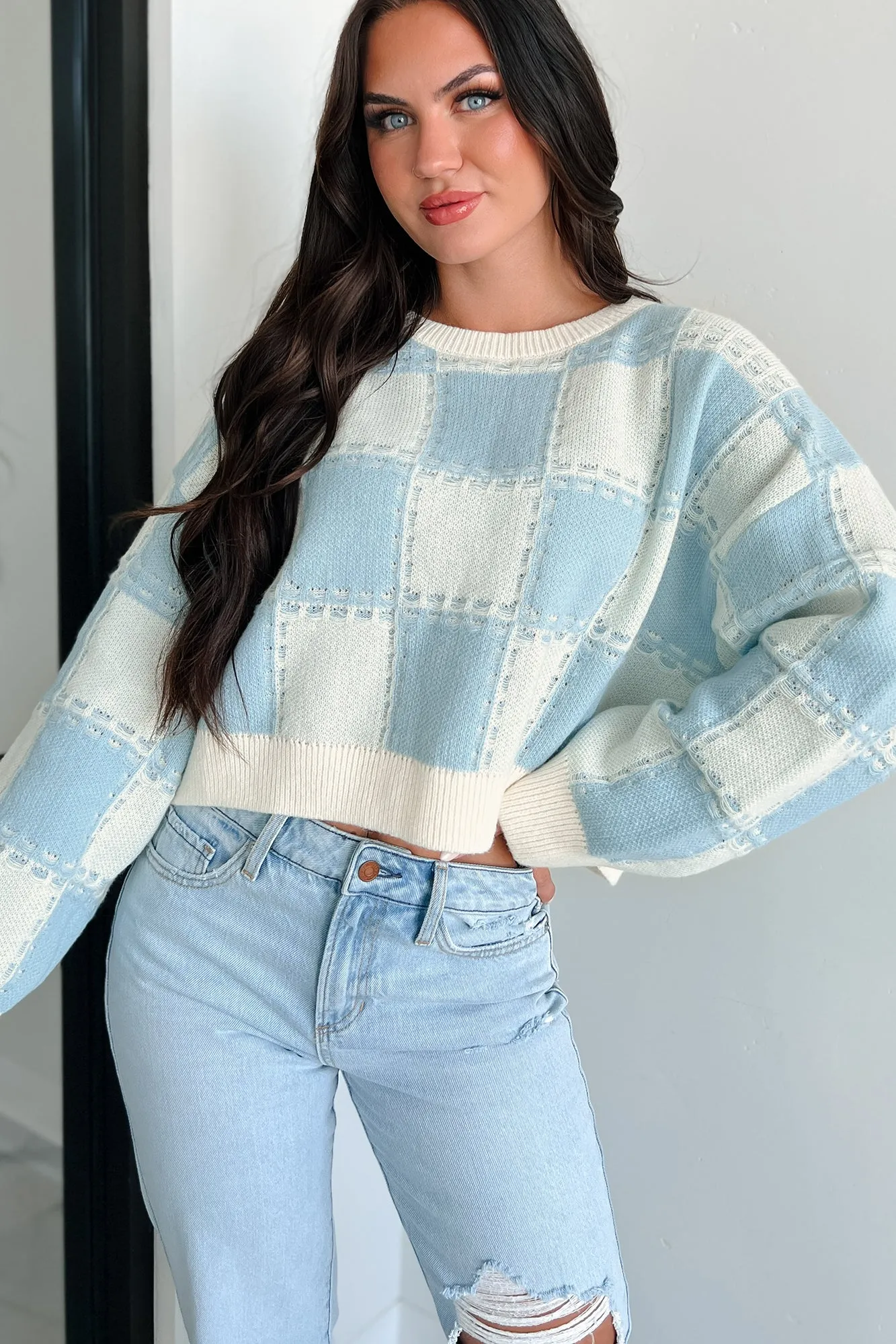 Fall Into Happiness Checkered Sweater Top (Dusty Blue/Cream)