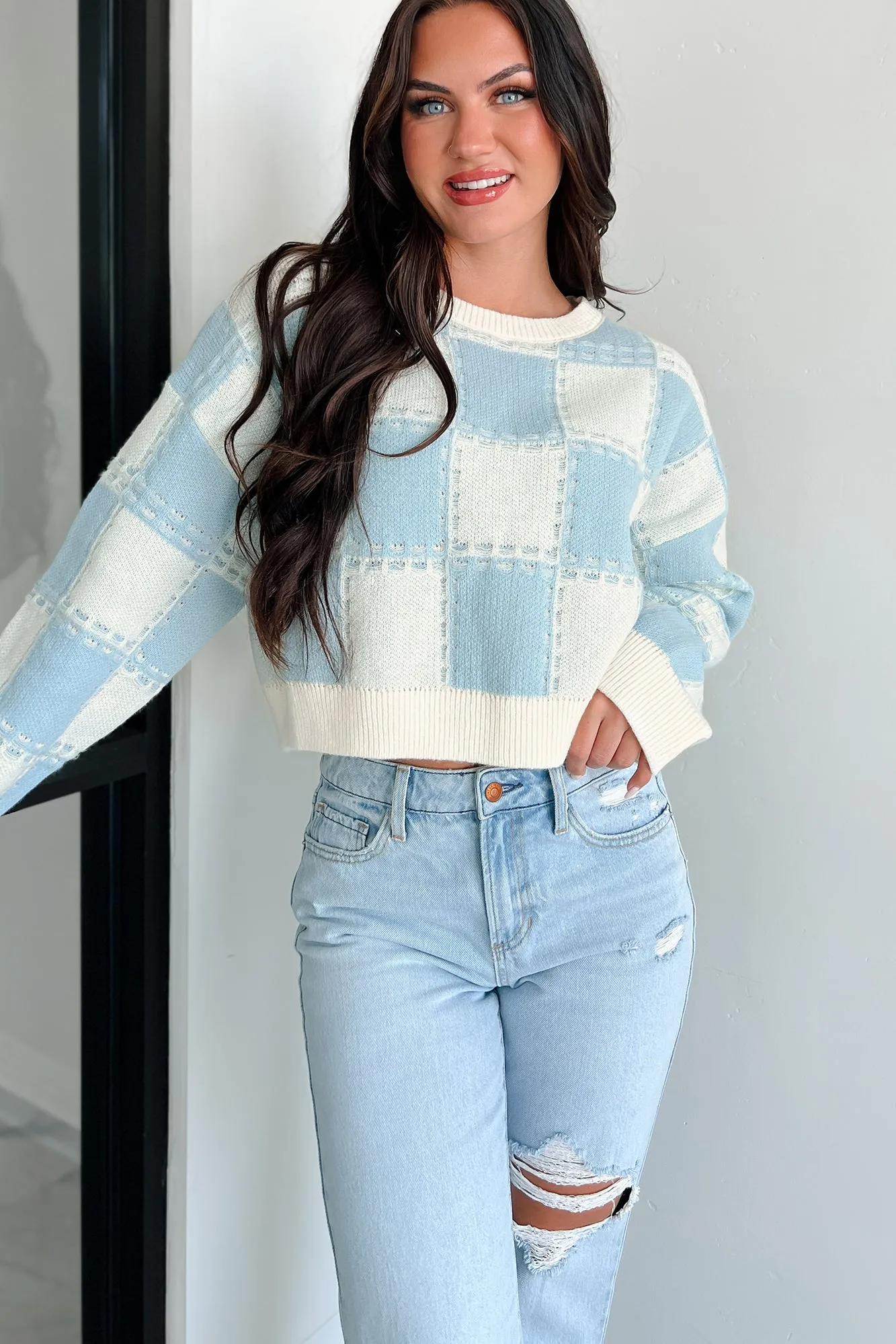 Fall Into Happiness Checkered Sweater Top (Dusty Blue/Cream)