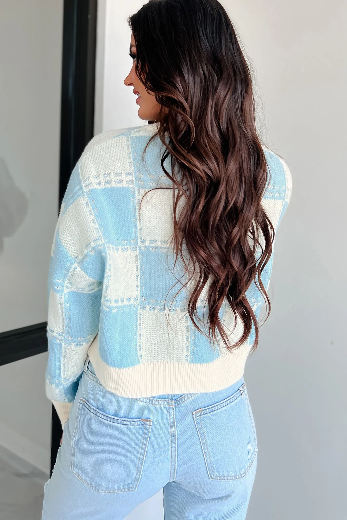 Fall Into Happiness Checkered Sweater Top (Dusty Blue/Cream)