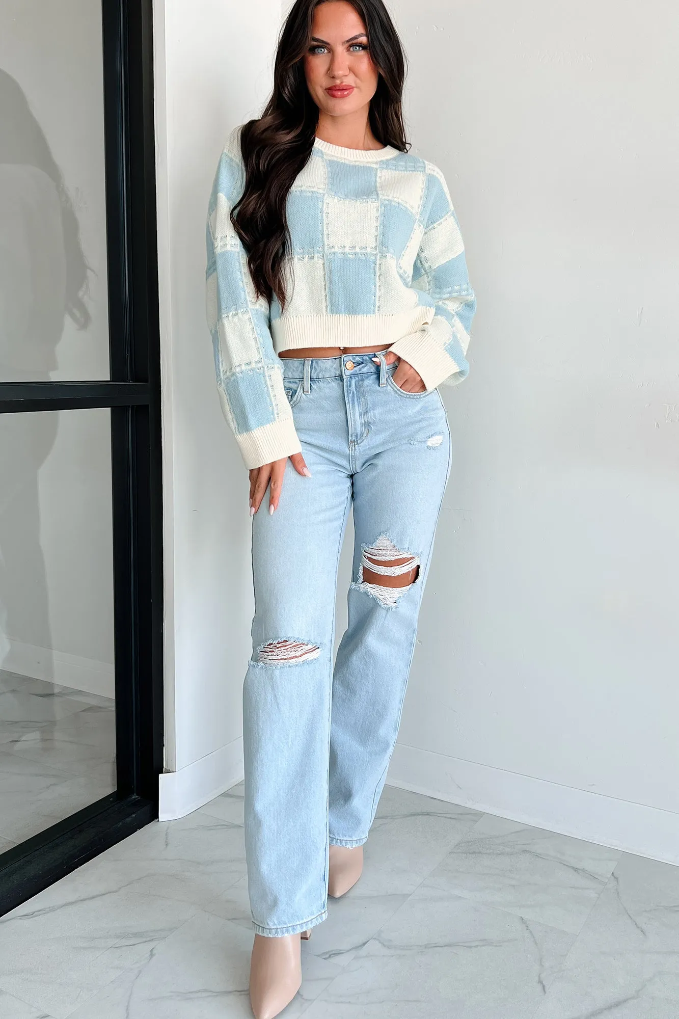 Fall Into Happiness Checkered Sweater Top (Dusty Blue/Cream)