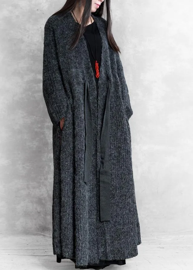 Fashion oversized long winter coat dark gray v neck drawstring wool coat for woman