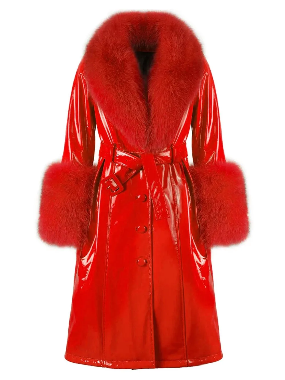 Faux Fur Genuine Patent Leather Coat in Red