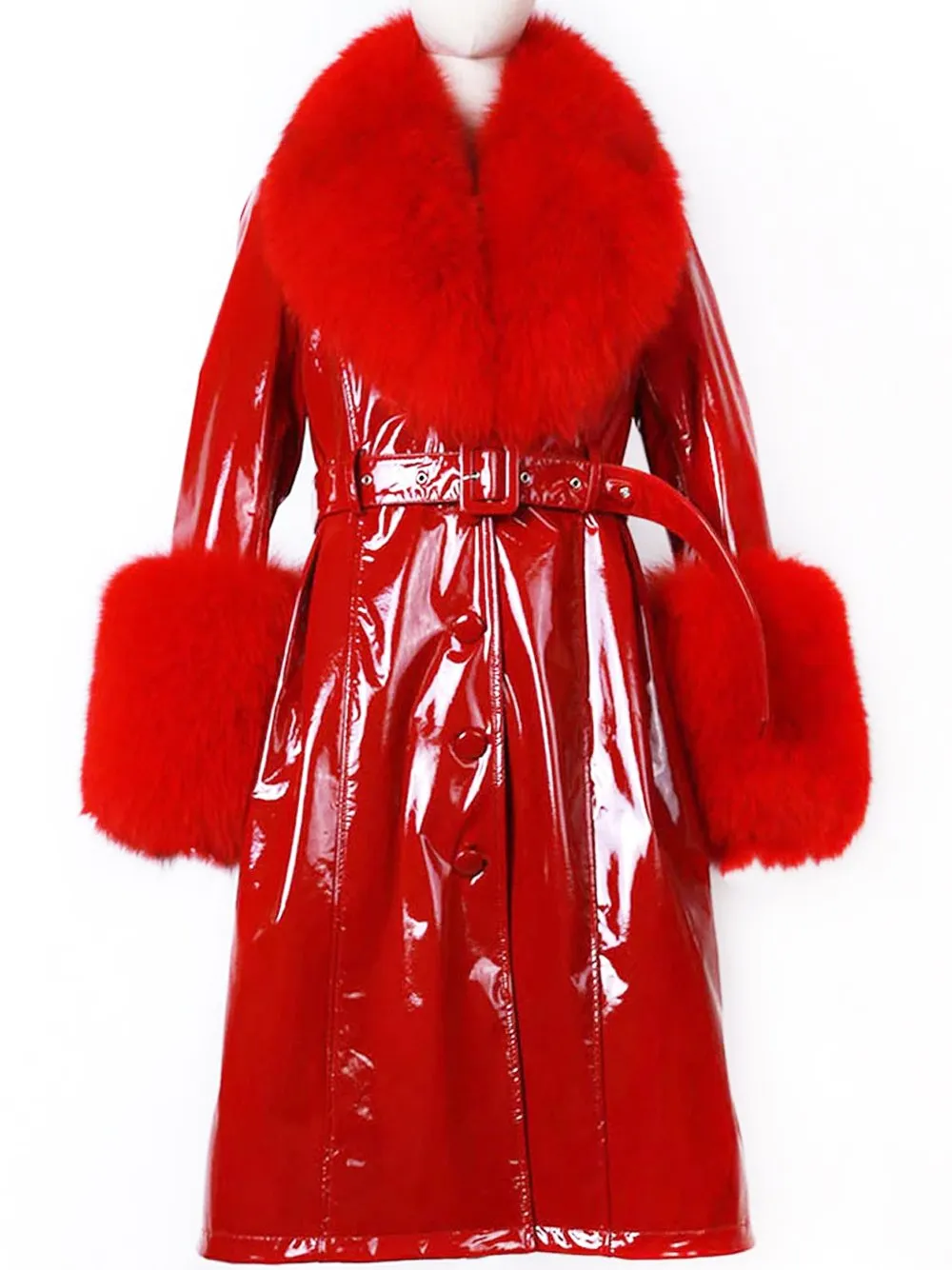 Faux Fur Genuine Patent Leather Coat in Red