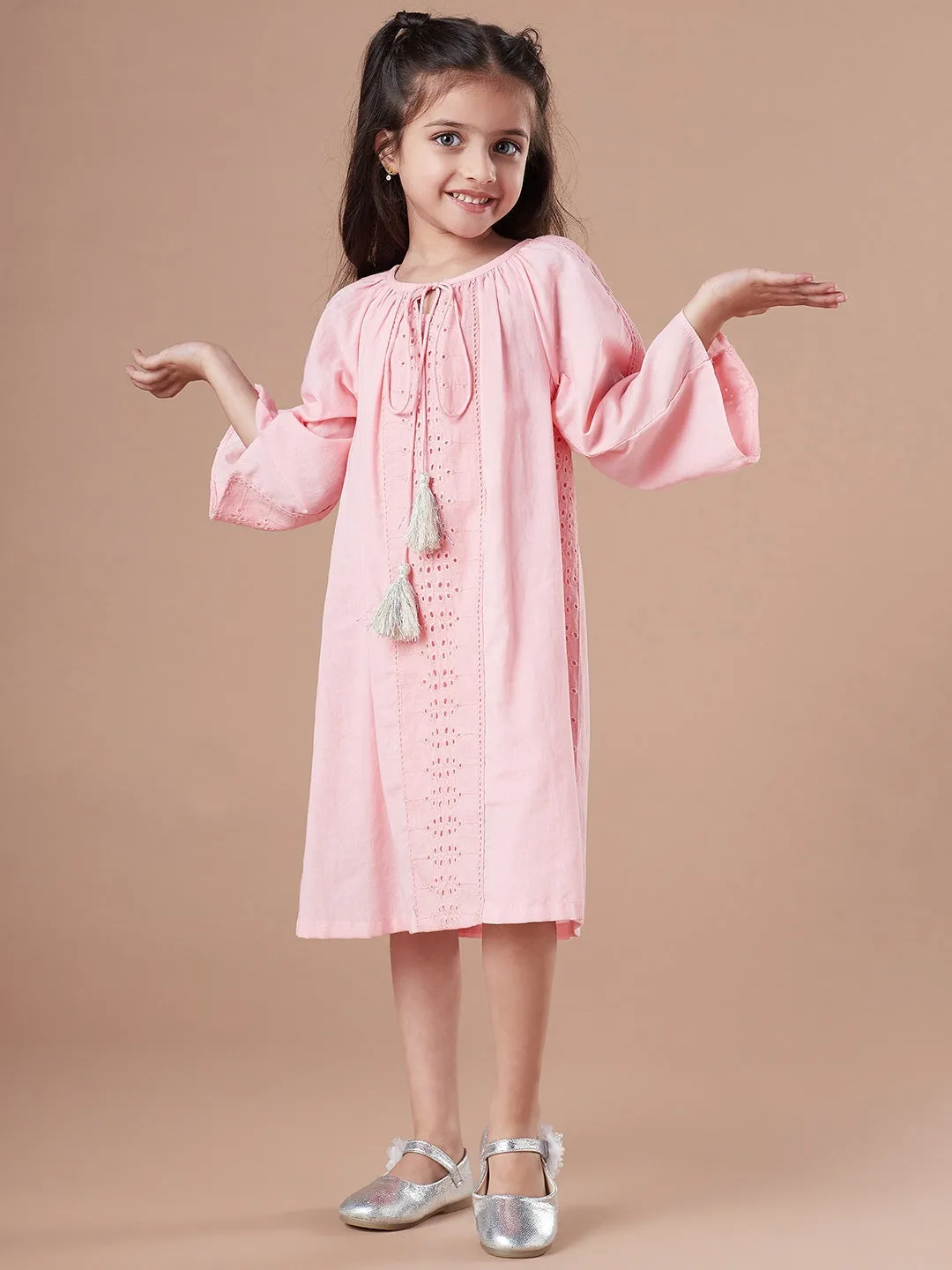 Girls Schiffli A-Line Cotton Midi Dress With Slip - Ps Peaches