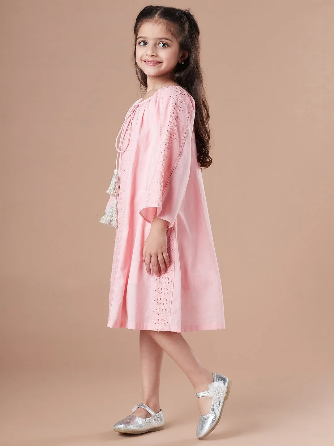 Girls Schiffli A-Line Cotton Midi Dress With Slip - Ps Peaches