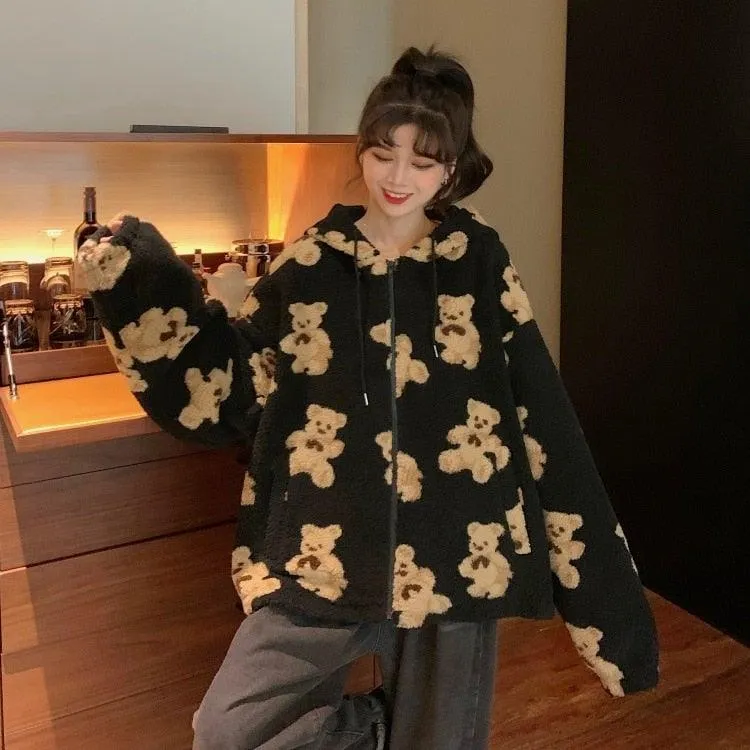 Girls Teddy Bear Zipped Fleece Fluffy Winter Women's Coat Cute Kawaii Cotton Rich Anime Cold Warm Thick Gift Teddy Jacket