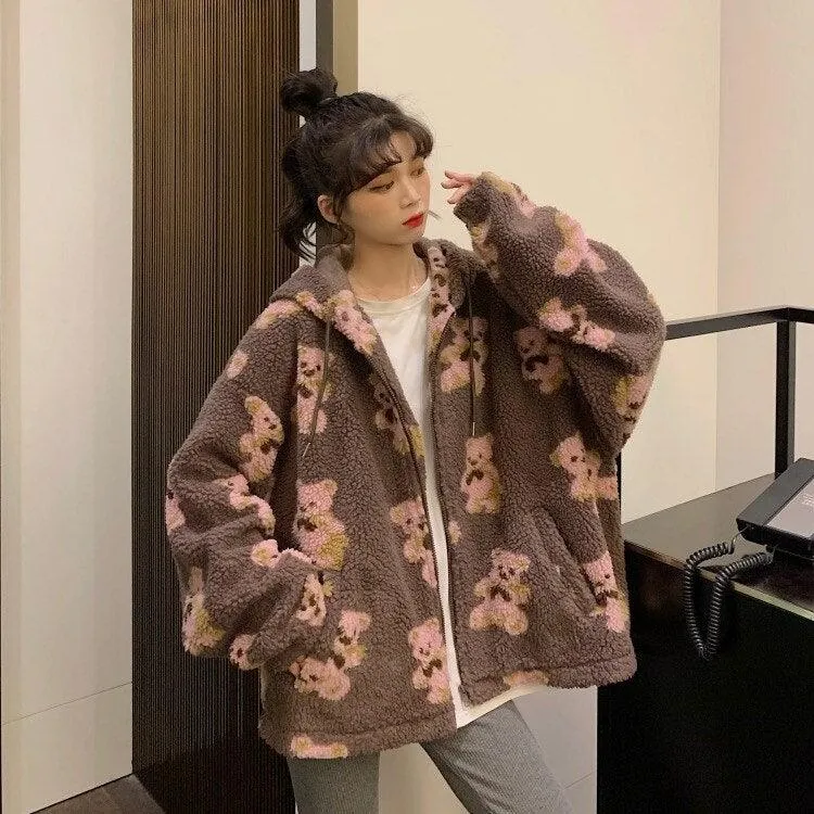 Girls Teddy Bear Zipped Fleece Fluffy Winter Women's Coat Cute Kawaii Cotton Rich Anime Cold Warm Thick Gift Teddy Jacket