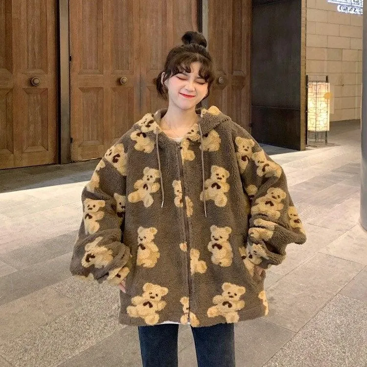 Girls Teddy Bear Zipped Fleece Fluffy Winter Women's Coat Cute Kawaii Cotton Rich Anime Cold Warm Thick Gift Teddy Jacket