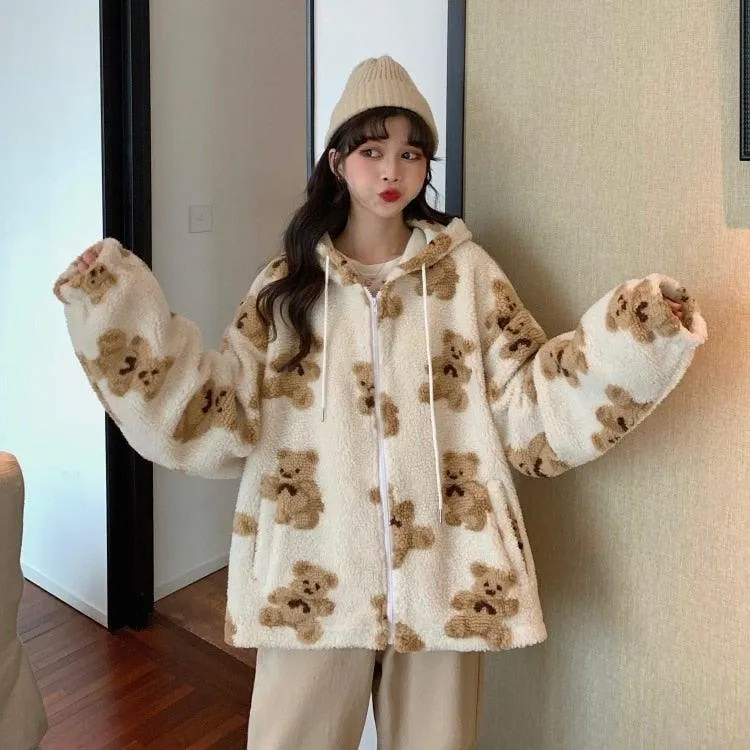 Girls Teddy Bear Zipped Fleece Fluffy Winter Women's Coat Cute Kawaii Cotton Rich Anime Cold Warm Thick Gift Teddy Jacket