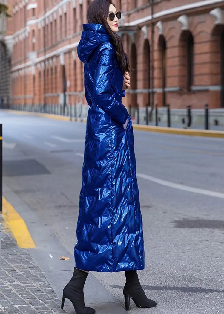 Glossy Blue Hooded Belted Long Down Puffer Coat