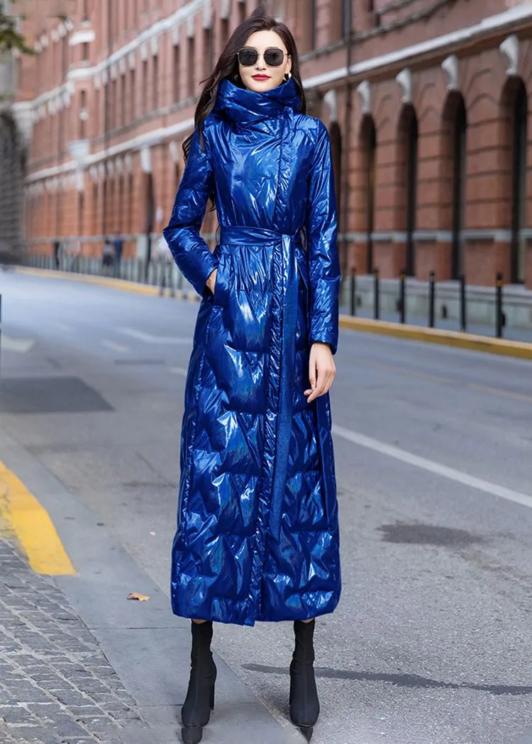 Glossy Blue Hooded Belted Long Down Puffer Coat