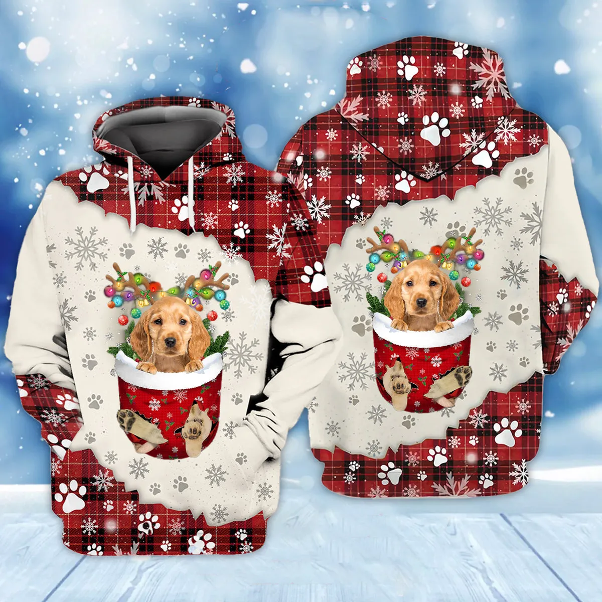 GOLDEN Cocker Spaniel In Snow Pocket Merry Christmas Unisex Hoodie