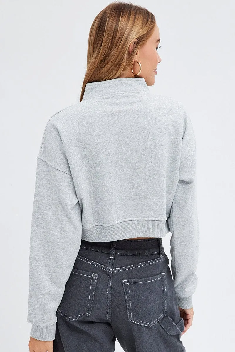 Grey Sweater Crop Half Zip Long Sleeve