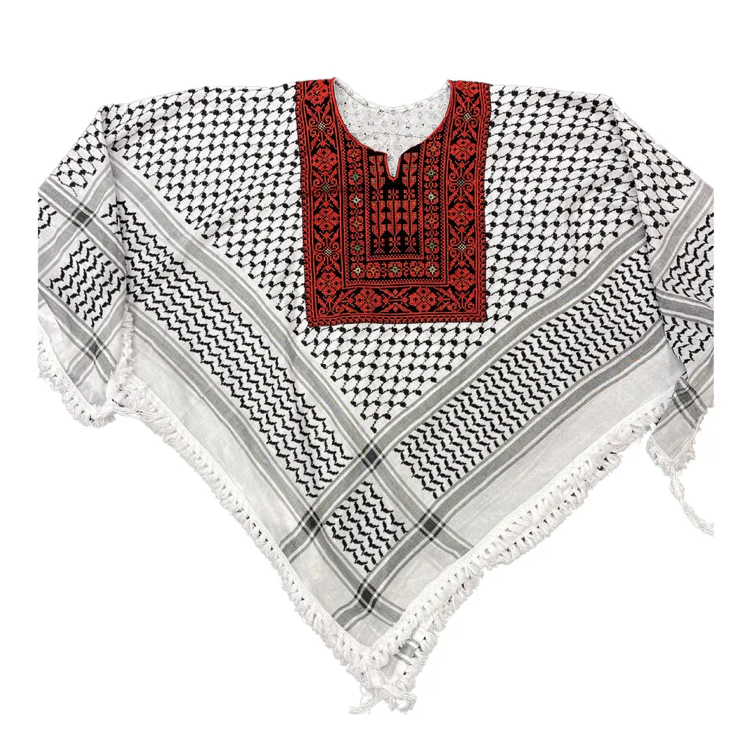 Hand Stitched Red & Black Poncho with Keffiyeh design and Embroidery