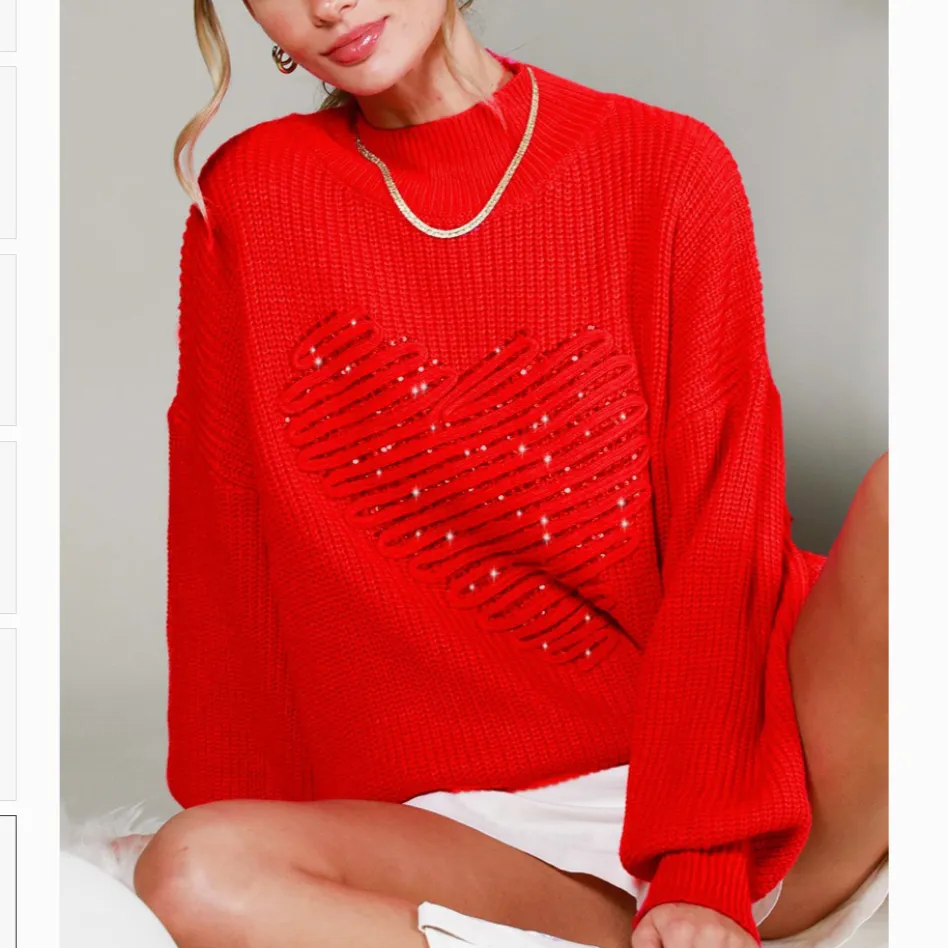 Heart Eyes Sequin Detail Heart Mock Neck Sweater