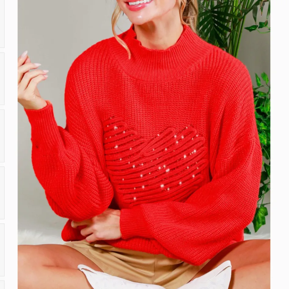 Heart Eyes Sequin Detail Heart Mock Neck Sweater