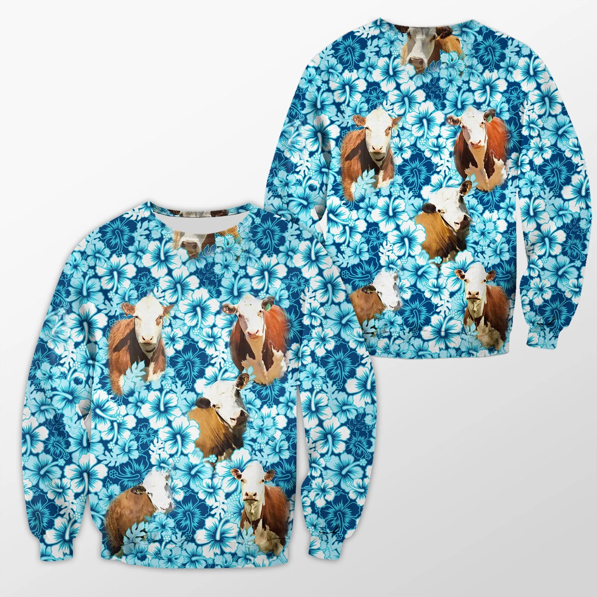 Hereford Blue Hibiscus 3D Crewneck Christmas Sweatshirt, Gift for Cow Lovers