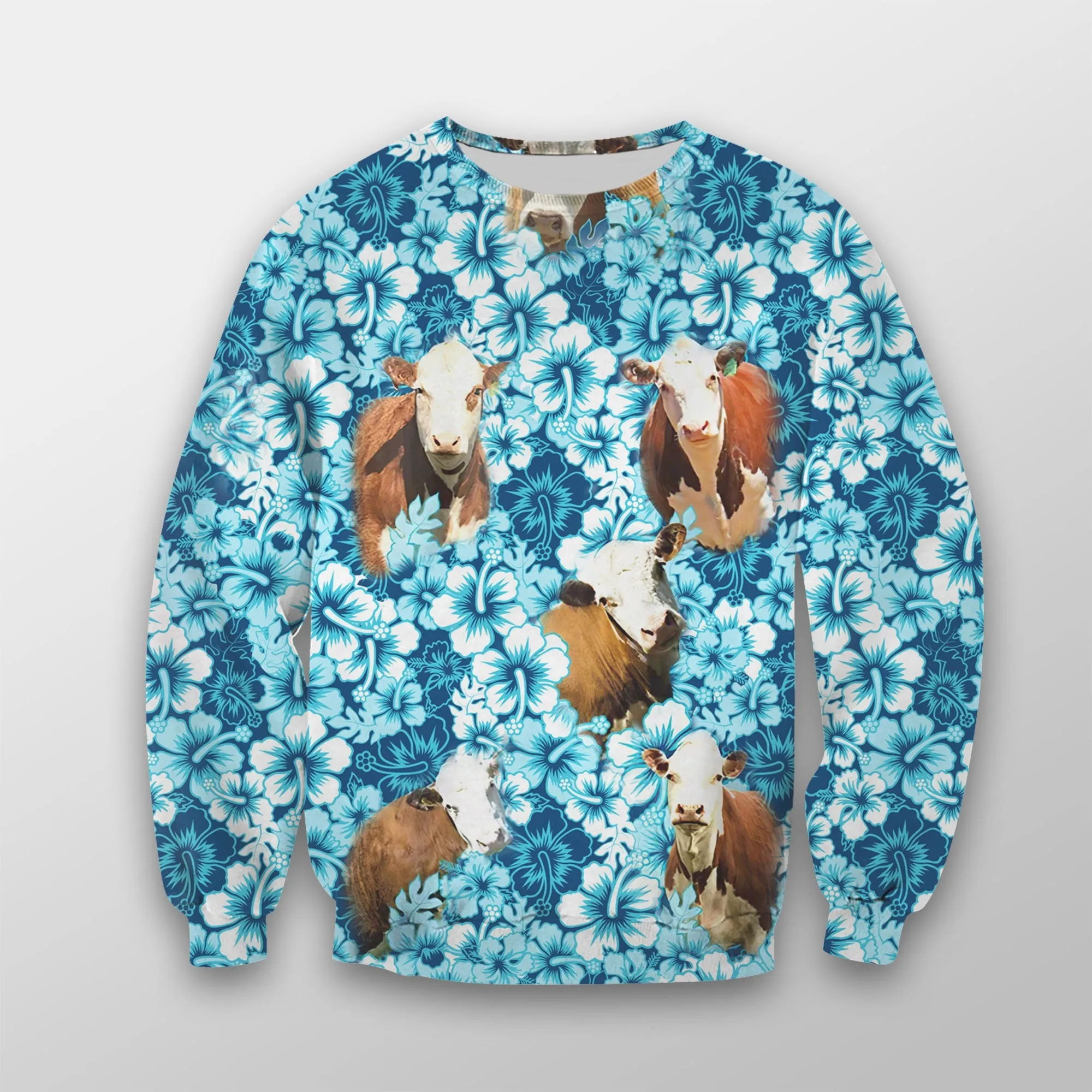 Hereford Blue Hibiscus 3D Crewneck Christmas Sweatshirt, Gift for Cow Lovers