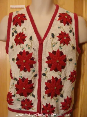 Ivory 2sided Funny Ugly Sweater Vest with Poinsettias