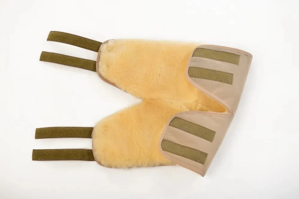 Knee pad made of warming sheepskin wool in khaki color