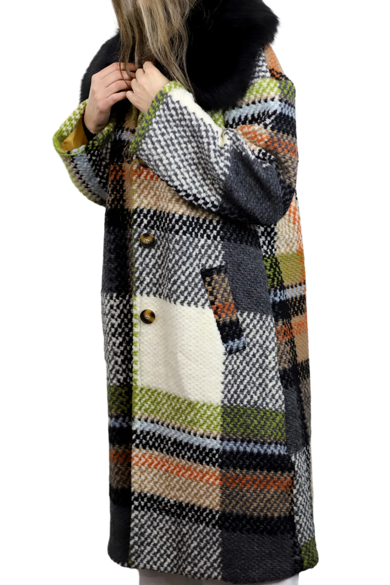 La Fiorentina Long Plaid Wool Coat w/ Faux Fur Trim - Ivory/Black