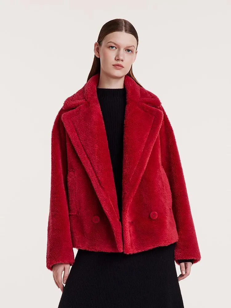 Lapel Double-Breasted Teddy Lamb Wool Short Coat