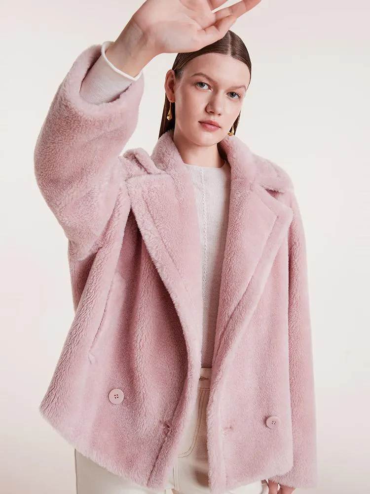 Lapel Double-Breasted Teddy Lamb Wool Short Coat