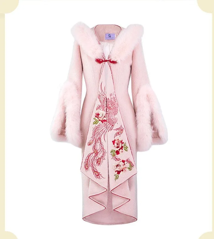 Magic Q retro irregular heavy industry peony embroidered fox fur wool coat- Vi