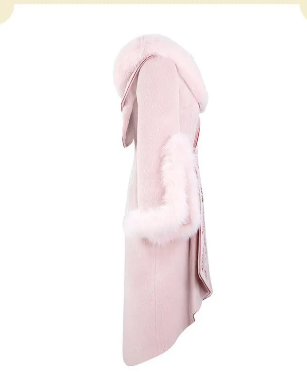 Magic Q retro irregular heavy industry peony embroidered fox fur wool coat- Vi