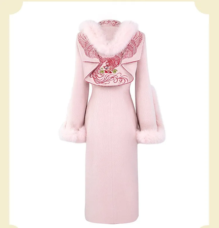 Magic Q retro irregular heavy industry peony embroidered fox fur wool coat- Vi