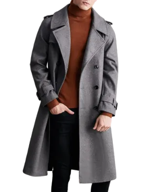 Mens Everett Front Button Grey Wool Double Breasted Long Coat