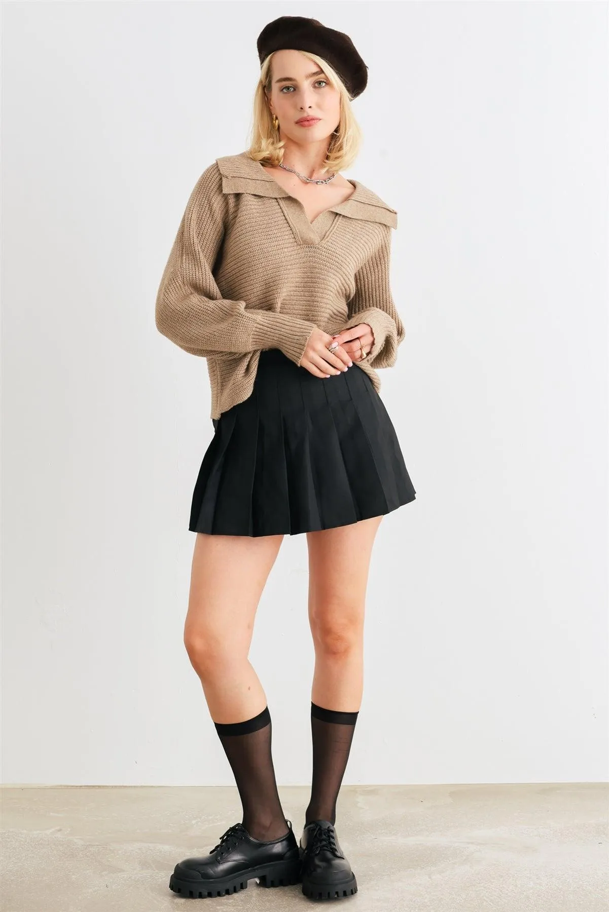 Mocha Knit Collared Long Sleeve Cropped Sweater /2-2-2