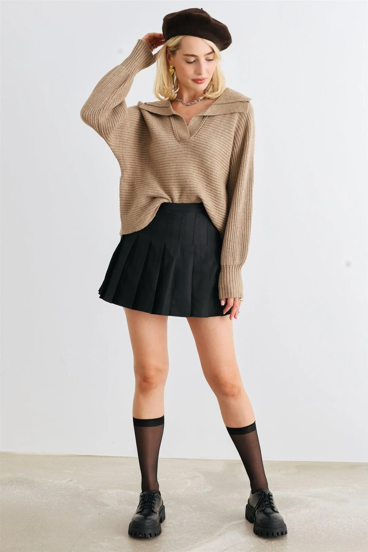 Mocha Knit Collared Long Sleeve Cropped Sweater /2-2-2