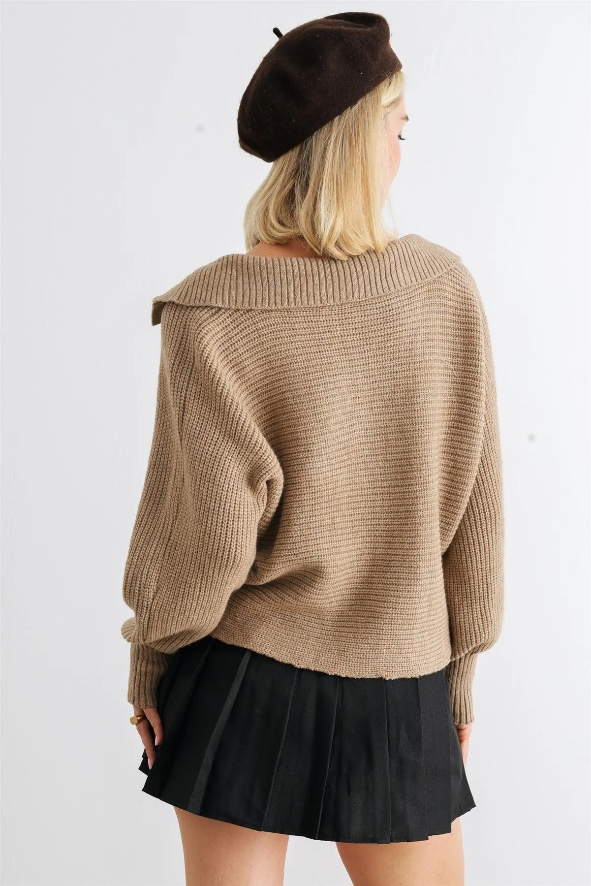 Mocha Knit Collared Long Sleeve Cropped Sweater /2-2-2