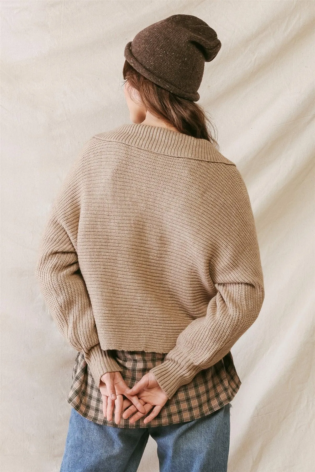 Mocha Knit Collared Long Sleeve Cropped Sweater /2-2-2