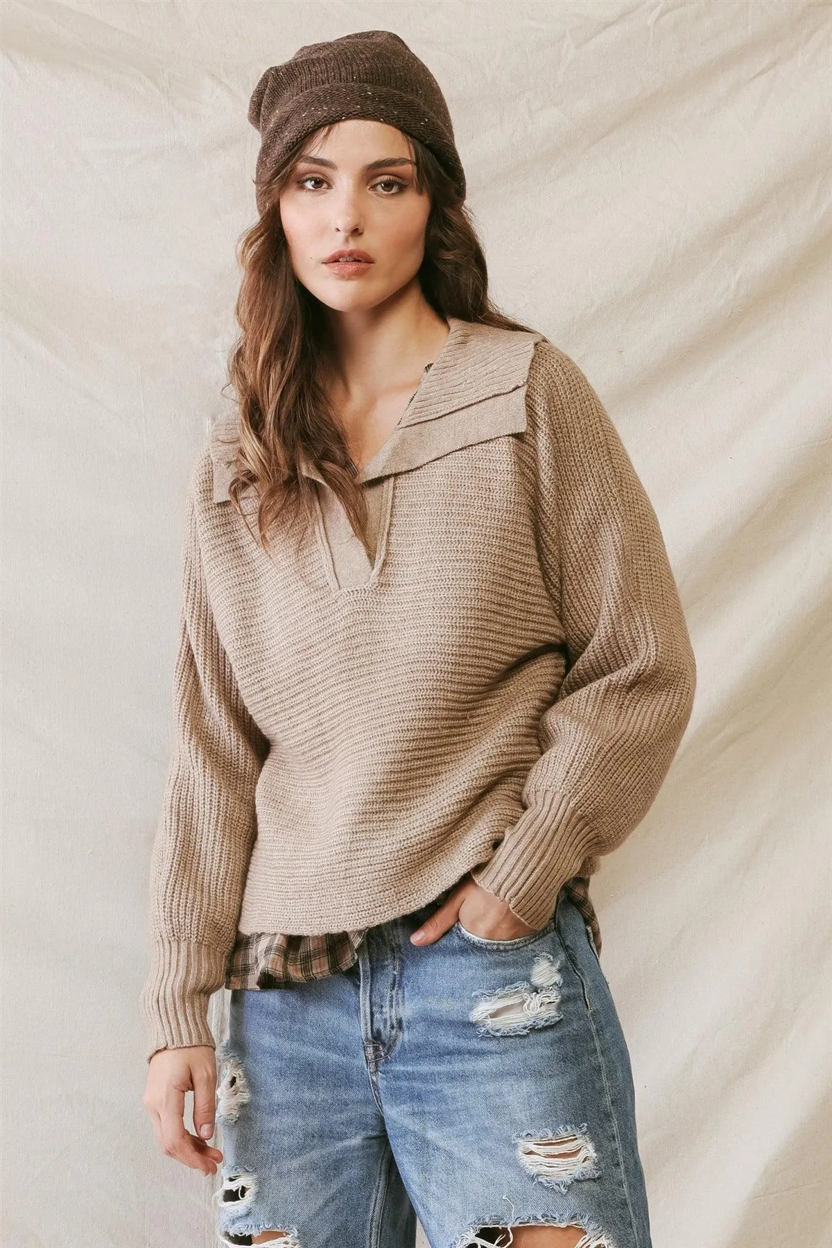 Mocha Knit Collared Long Sleeve Cropped Sweater /2-2-2