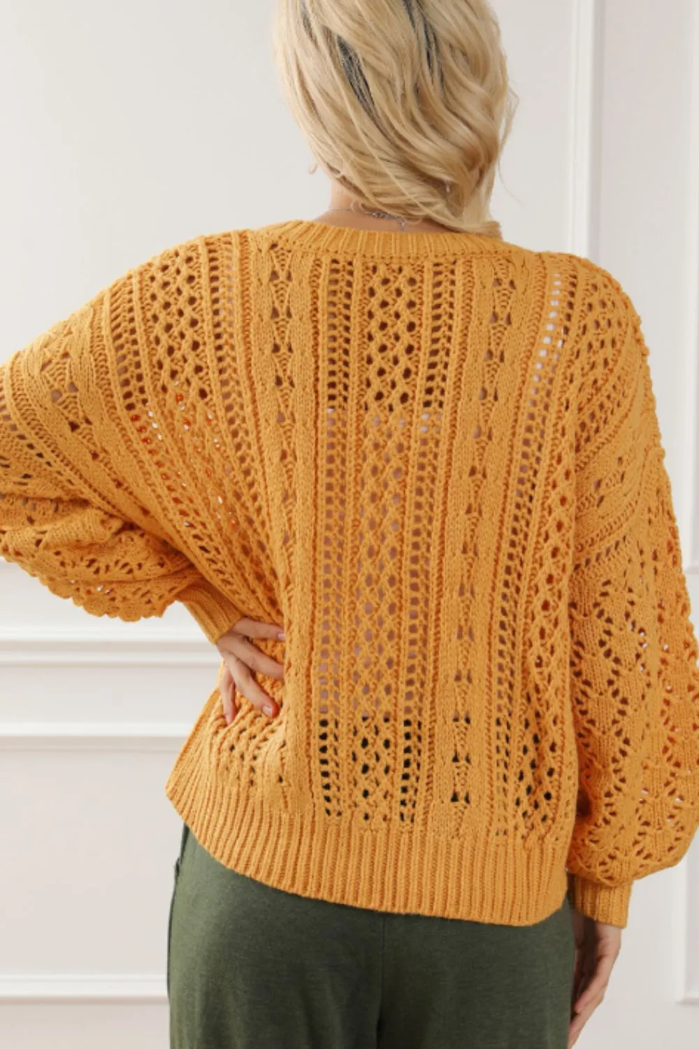 Mustard Openwork Round Neck Drop Shoulder Sweater | Sweater Weather