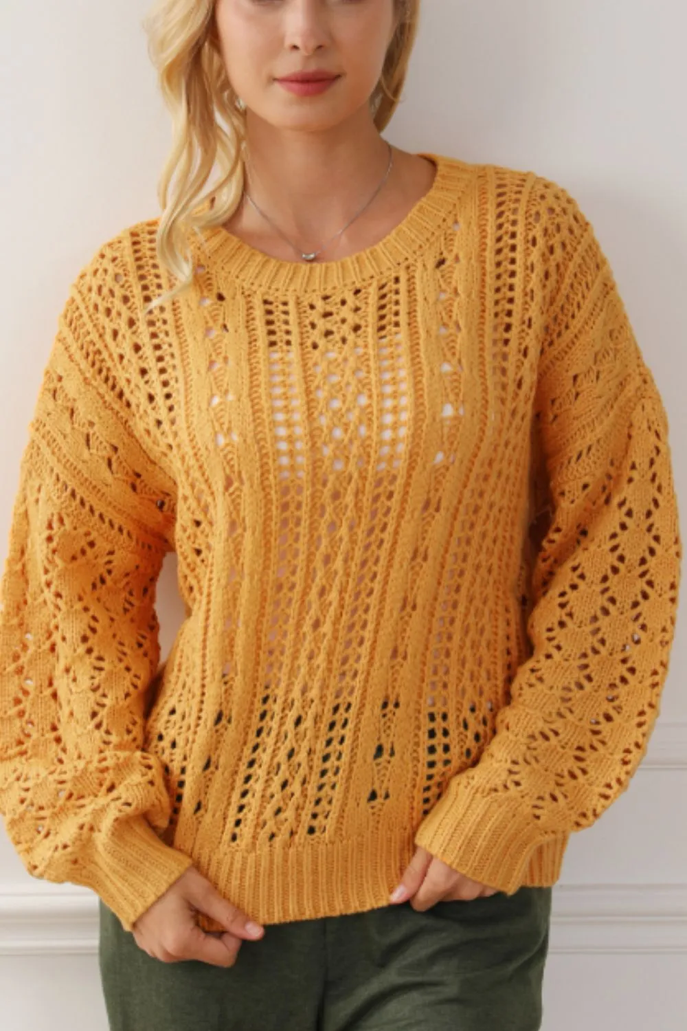 Mustard Openwork Round Neck Drop Shoulder Sweater | Sweater Weather