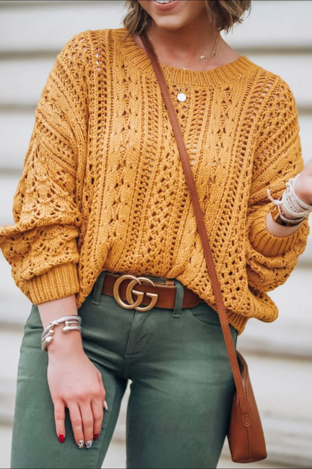 Mustard Openwork Round Neck Drop Shoulder Sweater | Sweater Weather