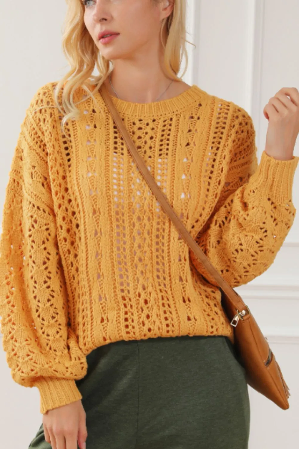 Mustard Openwork Round Neck Drop Shoulder Sweater | Sweater Weather