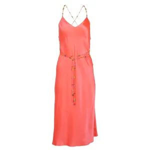 Neon Coral Beaded Strap Midi Slip Dress