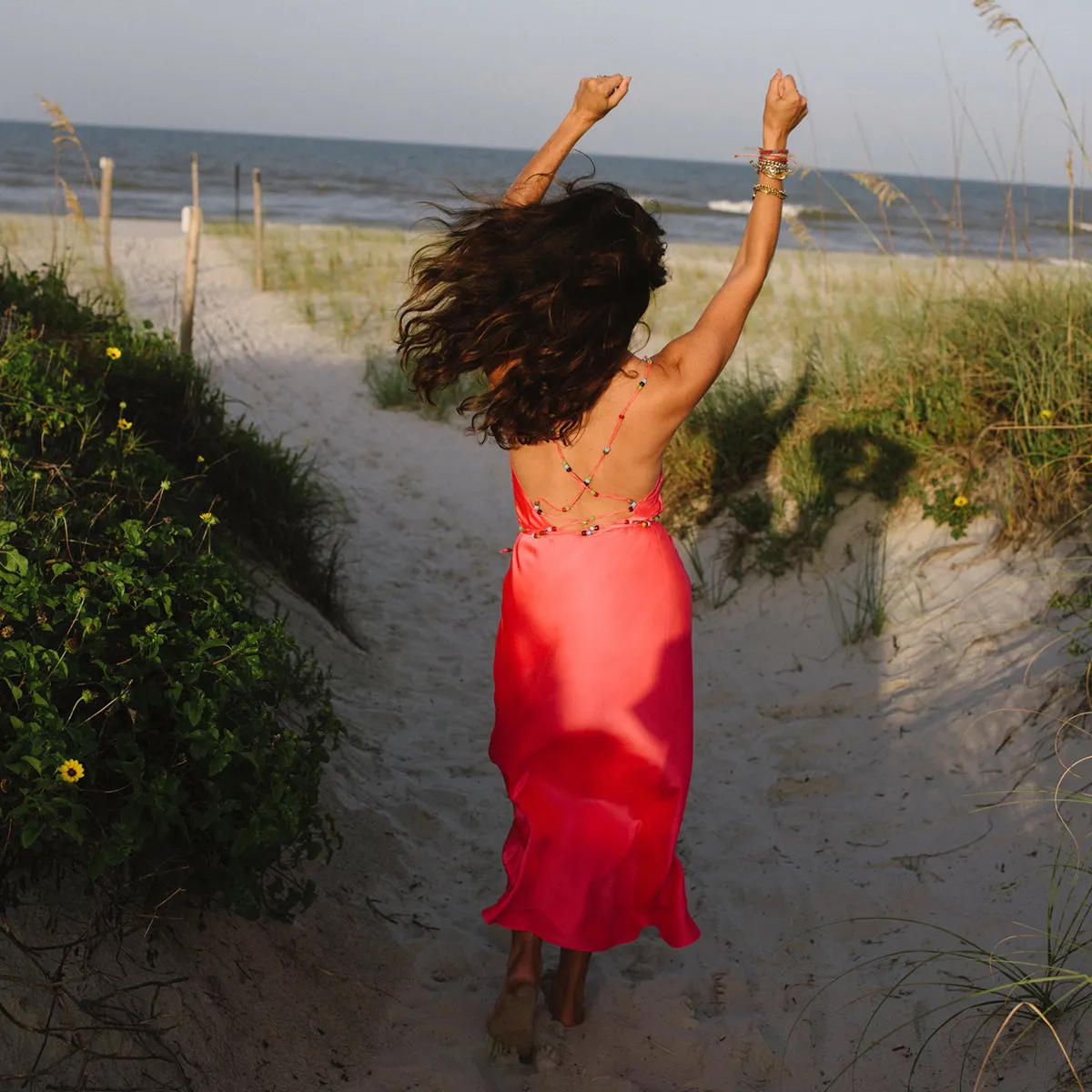 Neon Coral Beaded Strap Midi Slip Dress