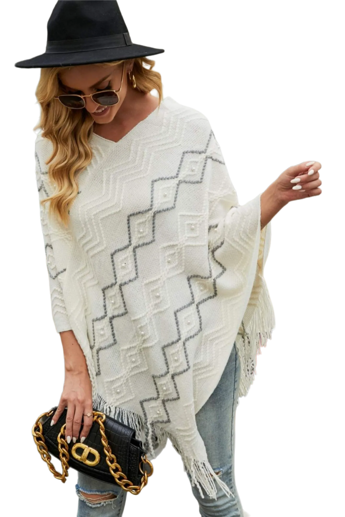 Pearl Trim V-Neck Fringe Hem Poncho