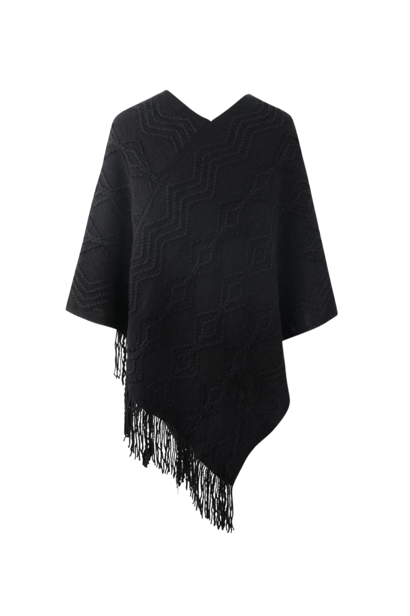 Pearl Trim V-Neck Fringe Hem Poncho