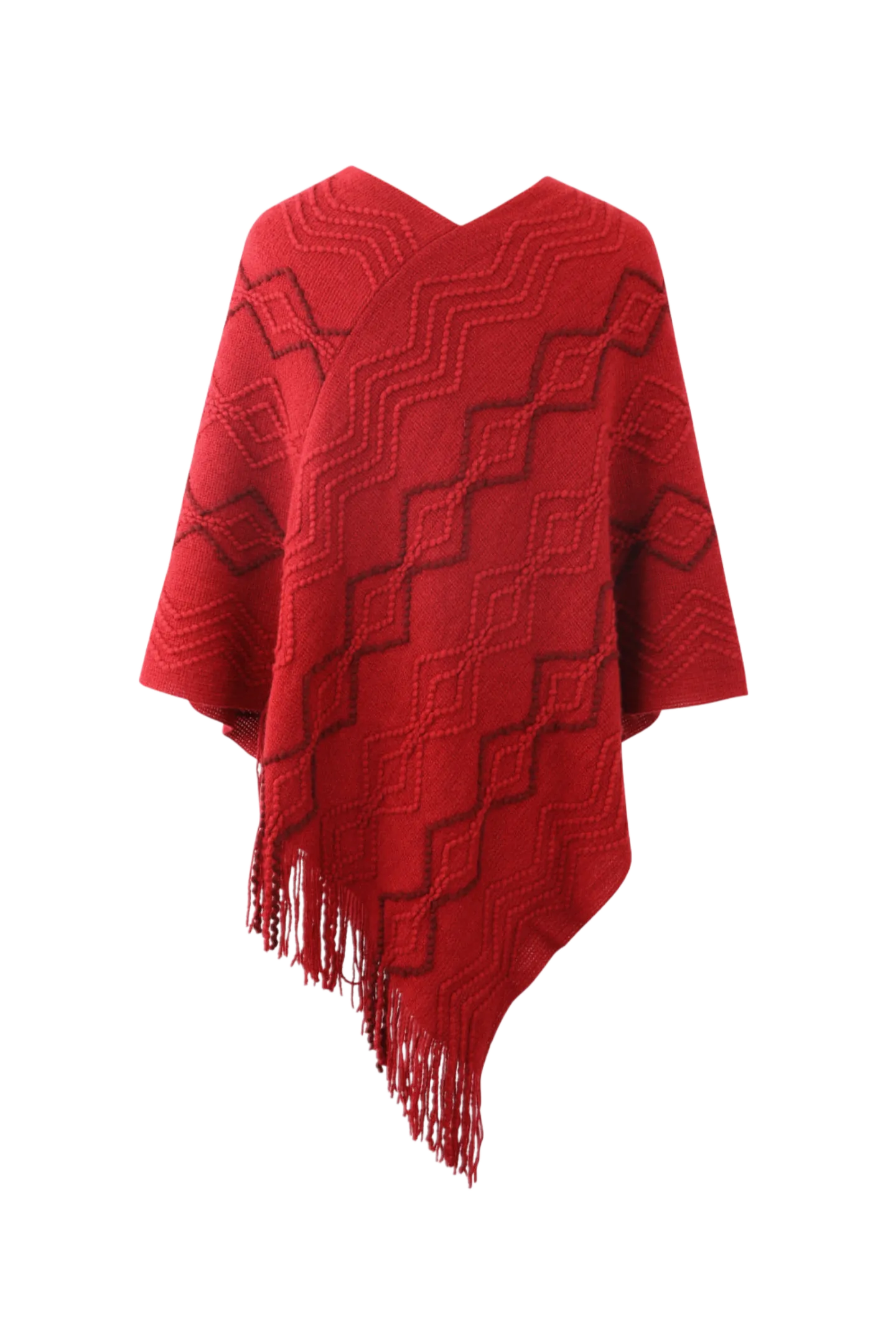 Pearl Trim V-Neck Fringe Hem Poncho