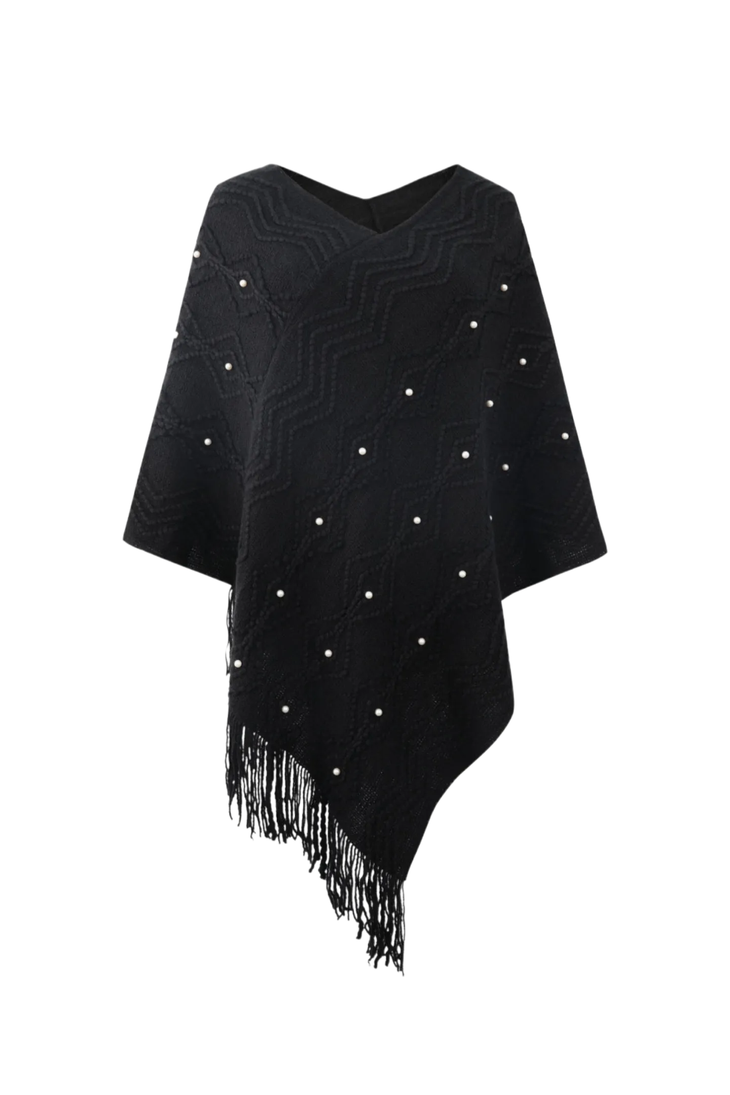 Pearl Trim V-Neck Fringe Hem Poncho