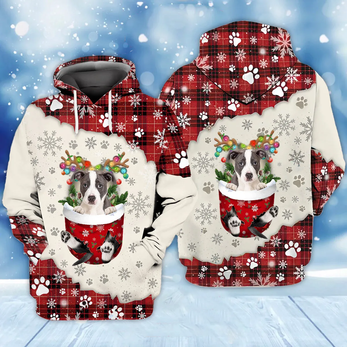 Pitbull In Snow Pocket Merry Christmas Unisex Hoodie