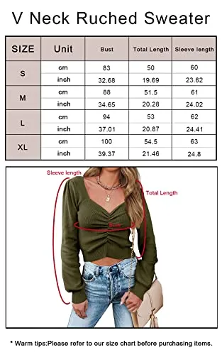 PRETTYGARDEN Fall Long Sleeve Cropped Sweaters for Women 2024 Off The Shoulder V Neck Ruched Ribbed Knit Going Out Tops (Olive Green, Small)