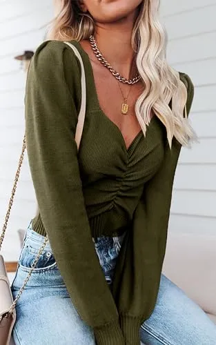 PRETTYGARDEN Fall Long Sleeve Cropped Sweaters for Women 2024 Off The Shoulder V Neck Ruched Ribbed Knit Going Out Tops (Olive Green, Small)